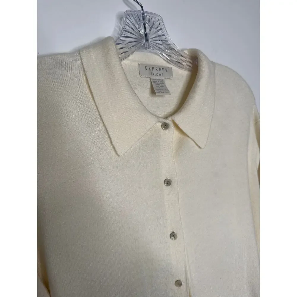 Vintage 70s Express Tricot Ivory Collared Cardigan Sweater Hong Kong Medium